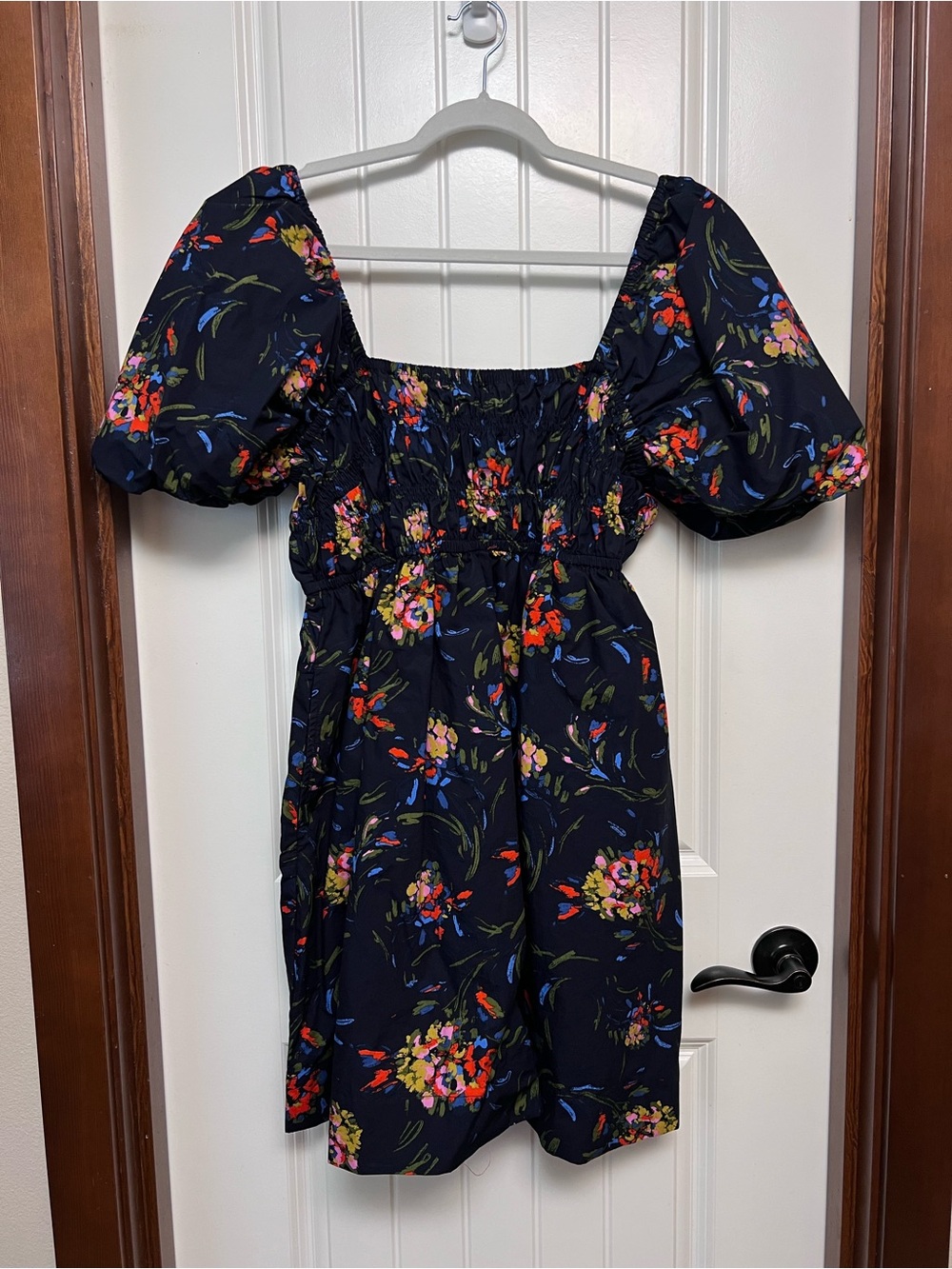 Women's Navy Floral Puff-Sleeve Dress